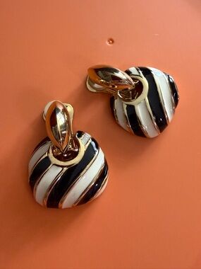 Kenneth Jay Lane Gold-Tone Black & White Striped Heart Clip Earrings